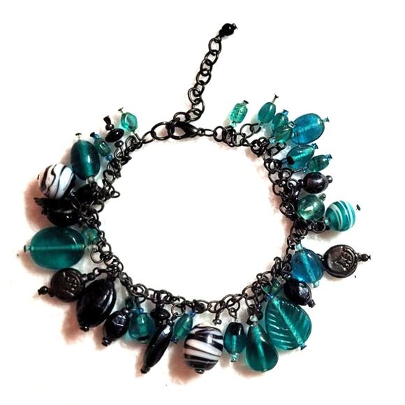 Beaded Bracelet Ankle 7"-9" Dangling Glass Charms Teal Aqua Black Boho Beachy - Picture 1 of 6